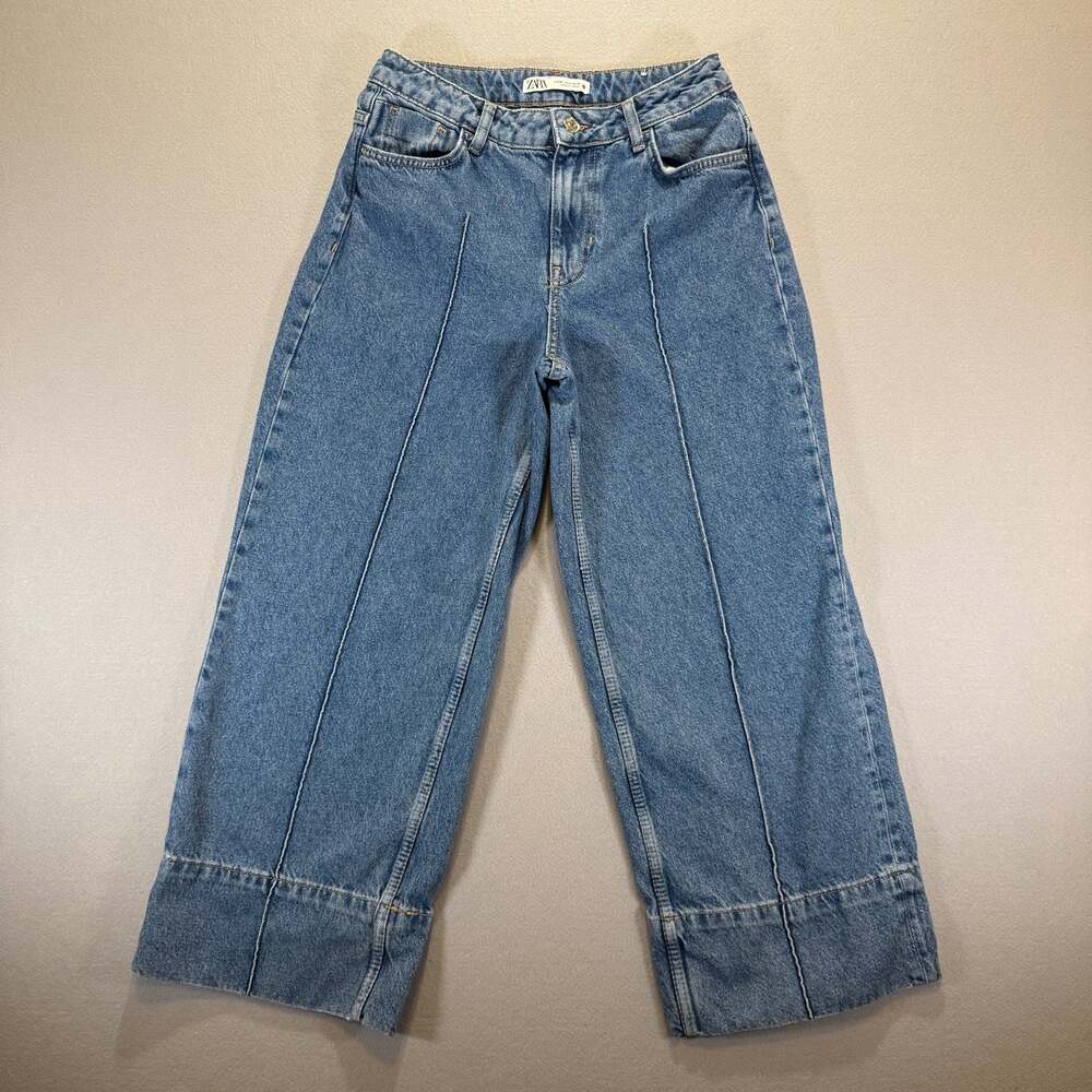 Zara Jeans Womens 4 Medium Wash Blue High Rise Wide Leg Cropped Pintuck